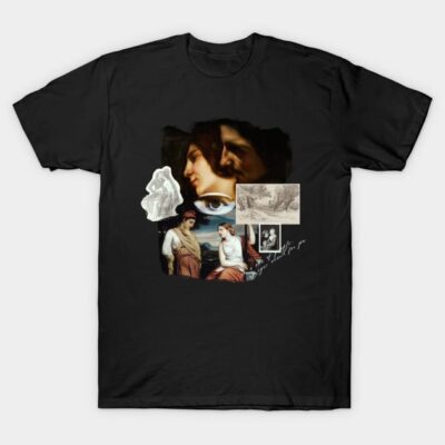 Black graphic t-shirt with artistic collage design, featuring classic paintings and sketches. Casual unisex cotton tee.