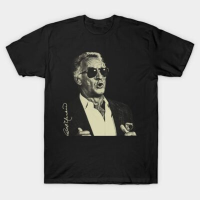 Black graphic t-shirt featuring vintage style portrait and signature, casual wear, cotton material.