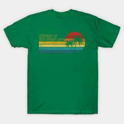 Green graphic t-shirt with retro sunset and palm tree design, casual unisex style, comfortable cotton fabric.
