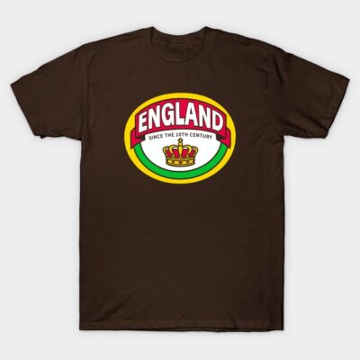Brown T-shirt with England logo, vibrant crown graphic, casual style, soft cotton material, perfect for everyday wear.