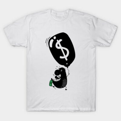 White graphic T-shirt with black dollar balloon print, casual style, 100% cotton, unisex design for everyday wear.