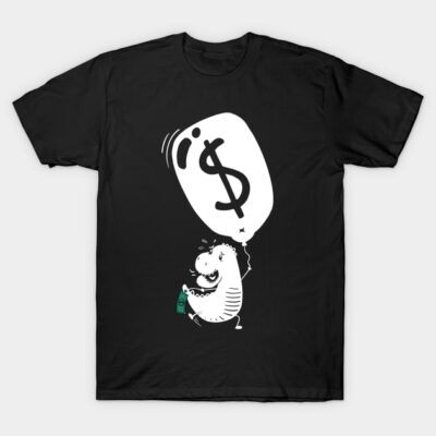Black t-shirt with cartoon dinosaur holding dollar sign balloon, playful graphic, casual wear, comfortable cotton fabric.