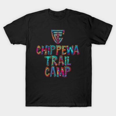 Black T-shirt with colorful "Chippewa Trail Camp" graphic, casual style, perfect for outdoor activities and everyday wear.