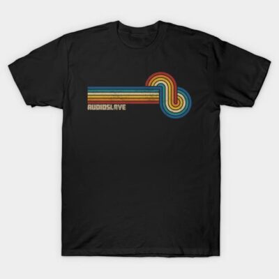 Black t-shirt with retro-style multicolor graphic design, soft cotton material, ideal for casual wear.