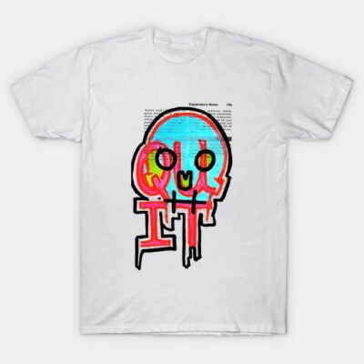 White t-shirt with colorful abstract face design, casual style, made from cotton, ideal for everyday wear.