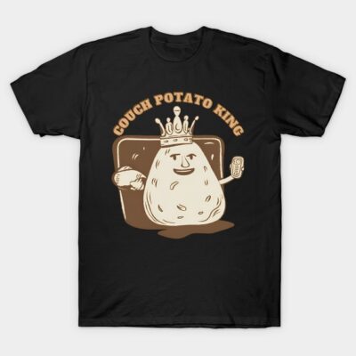 Black "Couch Potato King" t-shirt with cartoon potato design, casual style, comfortable cotton material.