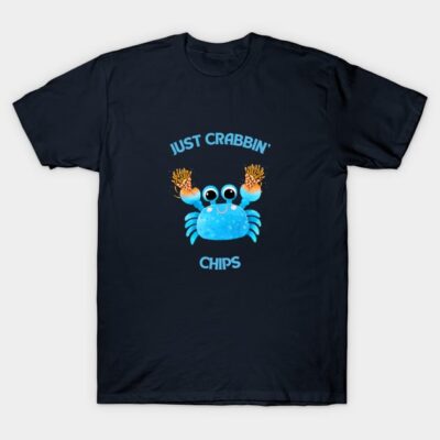 Navy blue t-shirt with cute blue crab graphic and "Just Crabbing" text, casual wear, cotton material.