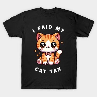 Black t-shirt with cute orange cat graphic and "I Paid My Cat Tax" text, perfect for casual wear and cat lovers.
