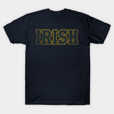 Navy blue t-shirt with bold yellow "IRISH" text, casual style, made of soft cotton for comfortable everyday wear.