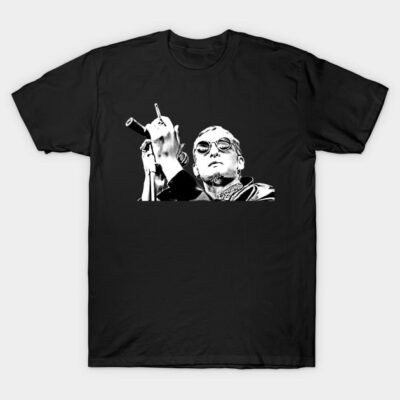 Black graphic t-shirt featuring musician design, short-sleeve, casual style, cotton material for everyday wear.