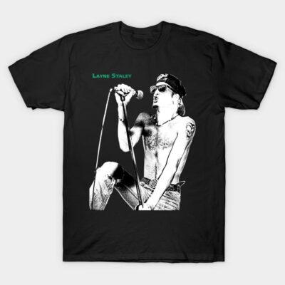 Black graphic t-shirt with bold monochrome print and text design, casual style, cotton material, ideal for music lovers.