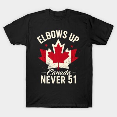 Black t-shirt with "Elbows Up Canada Never 51" text and red maple leaf design, casual wear, cotton material.