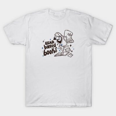 White t-shirt with "Read Banned Books" graphic design, casual style, made from soft cotton for everyday wear.