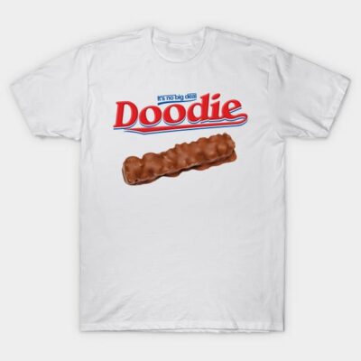 White novelty t-shirt with humorous "Doodie" text and chocolate bar graphic, casual wear, cotton material.
