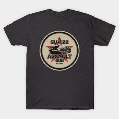 Black SU-122 Assault Gun T-shirt featuring a vintage military design with a red star emblem, ideal for casual wear.