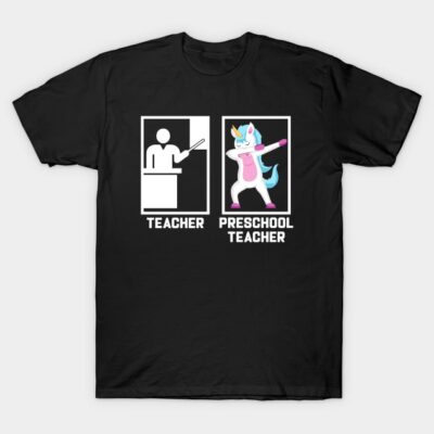 Black t-shirt with "Teacher" and "Preschool Teacher" graphics featuring a unicorn and stick figure, humorous design.