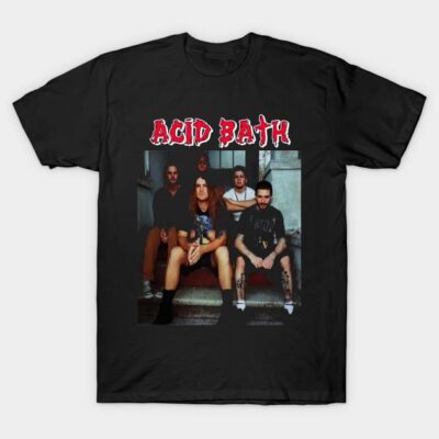 Black "Acid Bath" graphic t-shirt, band photo design, casual cotton tee for music fans.
