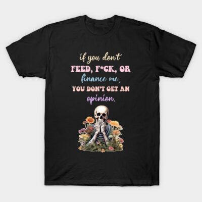 Black t-shirt with colorful text and skull graphic, casual style, cotton material, bold statement design.