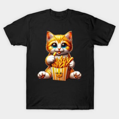 Black t-shirt with cute cat eating fries graphic, casual style, soft cotton material, perfect for everyday wear.