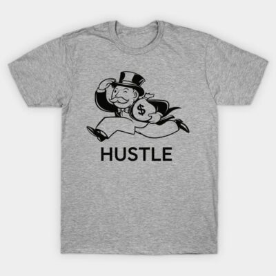 Gray t-shirt with "Hustle" text and cartoon character design, casual wear, cotton material, unisex style.