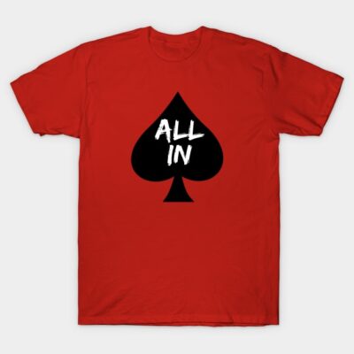 Red cotton t-shirt with black spade symbol and "All In" text, casual style, perfect for poker enthusiasts.