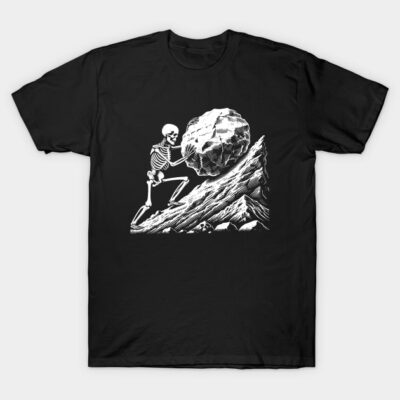 Black t-shirt with skeleton pushing boulder design, casual style, 100% cotton, perfect for everyday wear.