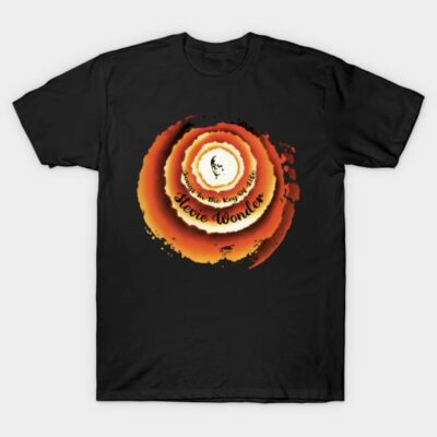 Black graphic t-shirt with vibrant circular design, casual cotton wear, ideal for music lovers and everyday fashion.