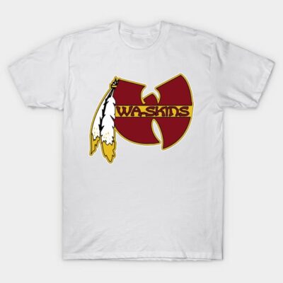 White cotton t-shirt with maroon and yellow graphic design, casual wear, unisex.