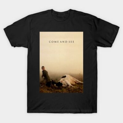 Black cotton t-shirt featuring "Come and See" graphic design, casual wear, unisex style.