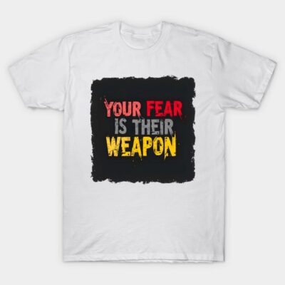 White cotton T-shirt with bold motivational text design in red, gray, and yellow. Casual wear.