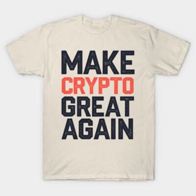 Beige cotton t-shirt with bold black and red "Make Crypto Great Again" slogan, casual style for crypto enthusiasts.