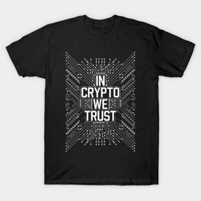 Black t-shirt with "In Crypto We Trust" text, circuit design. Perfect for cryptocurrency enthusiasts, casual wear.