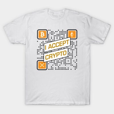 White t-shirt featuring "I Accept Crypto" text with Bitcoin, Ethereum, and XRP icons, casual style, cotton material.