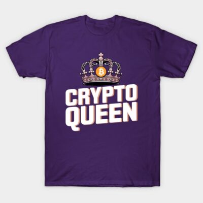 Purple t-shirt with "Crypto Queen" text and crown graphic, casual style, cotton fabric, ideal for cryptocurrency enthusiasts.