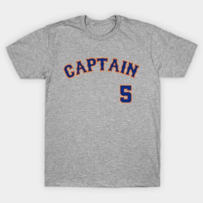 Gray cotton t-shirt with "Captain" text and number 5 in blue, casual style, perfect for sports fans.