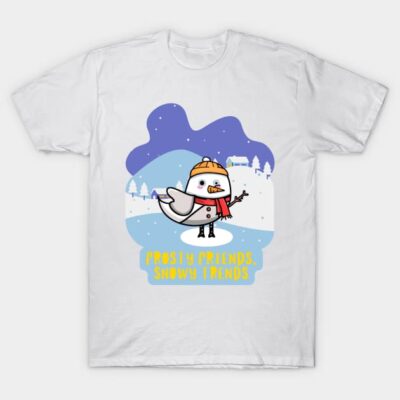 White t-shirt with cartoon snowman design, winter-themed, colorful, "Frosty Friends" text, casual wear, cotton blend.
