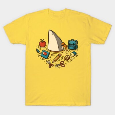 Yellow T-shirt with shark fin and school supplies illustration, casual cotton tee for everyday wear.