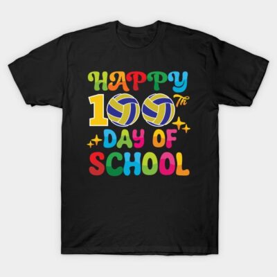 Black "Happy 100th Day of School" t-shirt with colorful text and volleyball graphic, perfect for school celebrations.