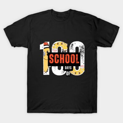 Black t-shirt with "100 Days of School" graphic design, featuring colorful pencil and donut illustrations.
