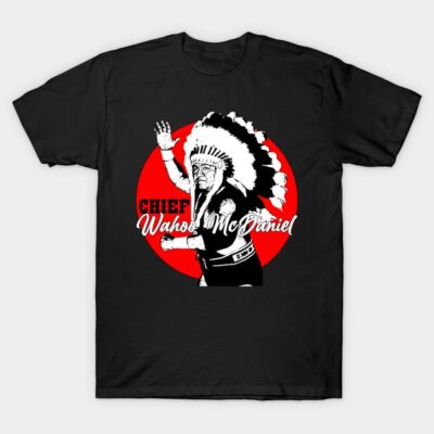 Black t-shirt with bold graphic of a chief in headdress, red circle background, casual wear, cotton blend.