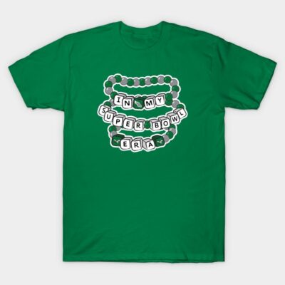 Green T-shirt with "In My Super Bowl Era" text and bead design, casual style, soft cotton fabric.