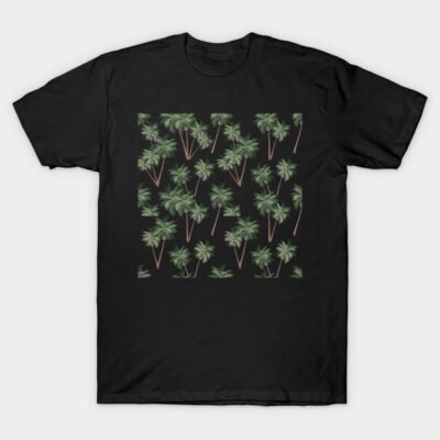 Black t-shirt with palm tree pattern, casual style, soft cotton fabric, perfect for summer wear.