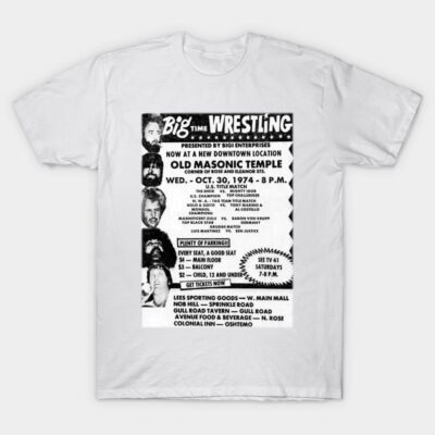 White vintage wrestling poster graphic T-shirt, featuring a 1974 event design. Casual style, perfect for fans or collectors.