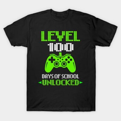 Black gaming-themed t-shirt with "Level 100 Days of School Unlocked" design in green and white print.