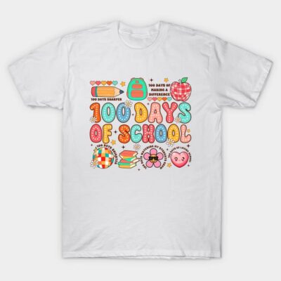 White "100 Days of School" T-shirt with colorful graphic design, ideal for school celebrations, cotton material.
