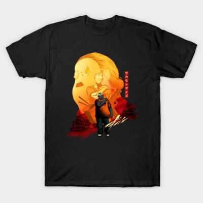 Black graphic t-shirt featuring vibrant anime-inspired design with orange and red tones, perfect for casual wear.