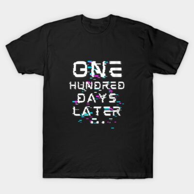 Black graphic T-shirt with "One Hundred Days Later" glitch text design, casual style, cotton material.