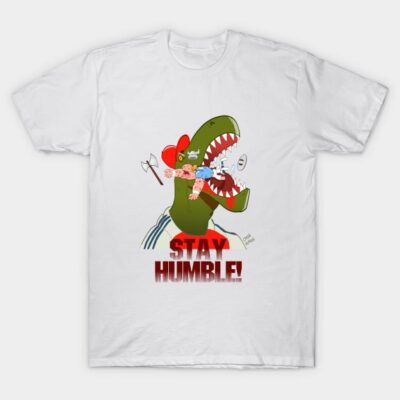 White T-shirt with playful dinosaur graphic and "Stay Humble!" text. Casual, comfortable cotton material.