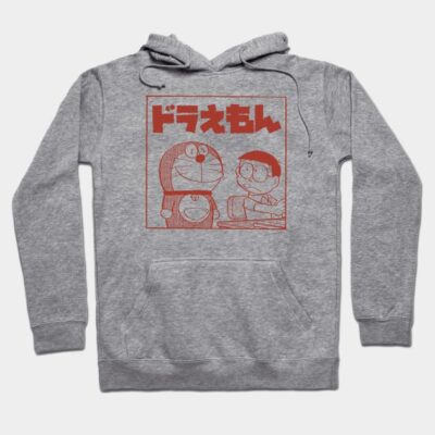 Gray hoodie with red graphic print featuring cartoon characters, casual style, cotton blend, perfect for everyday wear.