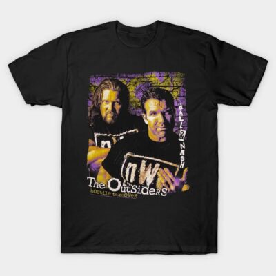 Black "The Outsiders" graphic t-shirt, featuring bold colors and retro wrestling design, ideal for casual wear.